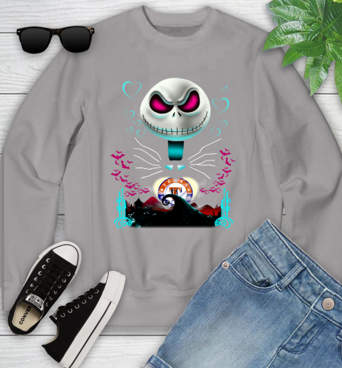MLB Texas Rangers Jack Skellington Sally The Nightmare Before Christmas Baseball Youth Sweatshirt 3