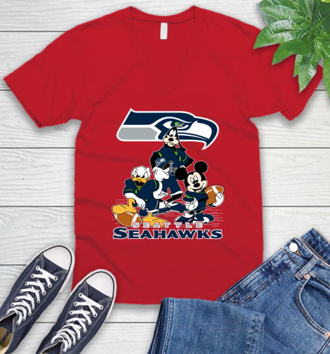 NFL Seattle Seahawks Mickey Mouse Donald Duck Goofy Football Shirt V-Neck T-Shirt 6