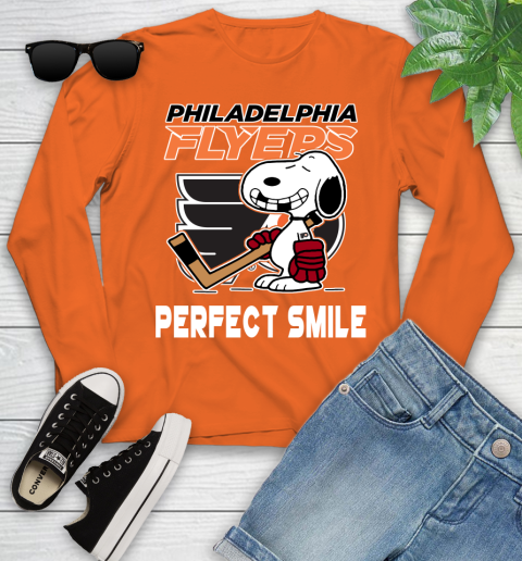 NHL Philadelphia Flyers Snoopy Perfect Smile The Peanuts Movie Hockey T Shirt Youth Long Sleeve 3