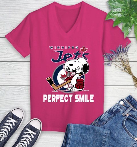 NHL Winnipeg Jets Snoopy Perfect Smile The Peanuts Movie Hockey T Shirt Women's V-Neck T-Shirt 9