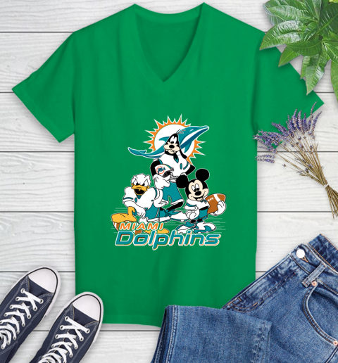 NFL Miami Dolphins Mickey Mouse Donald Duck Goofy Football Shirt Women's V-Neck T-Shirt 5