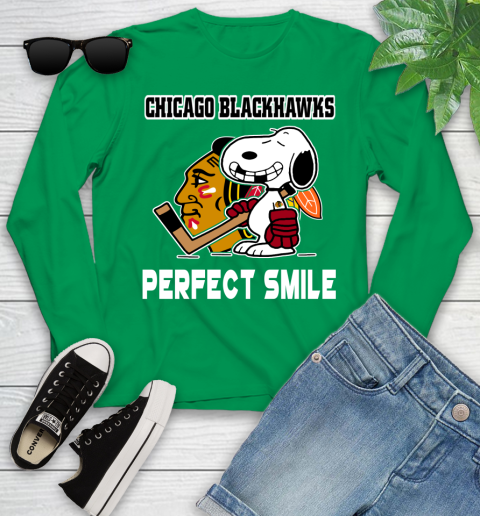 NHL Chicago Blackhawks Snoopy Perfect Smile The Peanuts Movie Hockey T Shirt Youth Long Sleeve 7