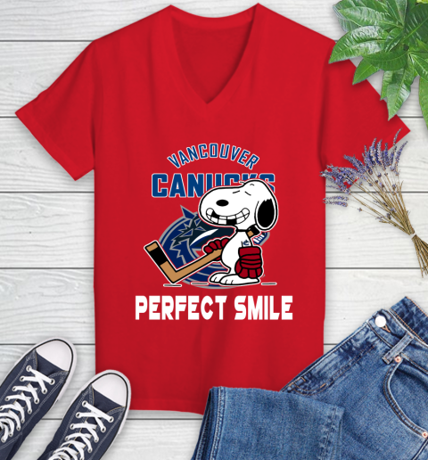 NHL Vancouver Canucks Snoopy Perfect Smile The Peanuts Movie Hockey T Shirt Women's V-Neck T-Shirt 11