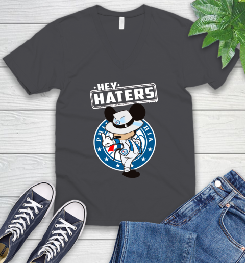 NBA Hey Haters Mickey Basketball Sports Philadelphia 76ers V-Neck T-Shirt 4