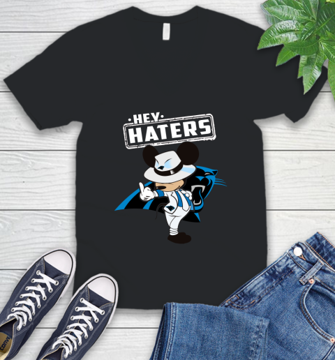NFL Hey Haters Mickey Football Sports Carolina Panthers V-Neck T-Shirt