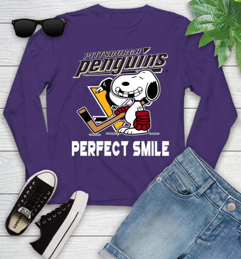 NHL Pittsburgh Penguins Snoopy Perfect Smile The Peanuts Movie Hockey T Shirt Youth Long Sleeve 4