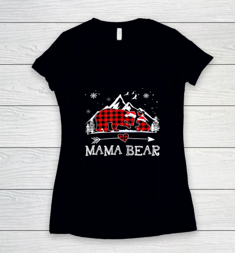 Mama Bear Christmas Pajama Red Plaid Buffalo Family Women's V-Neck T-Shirt