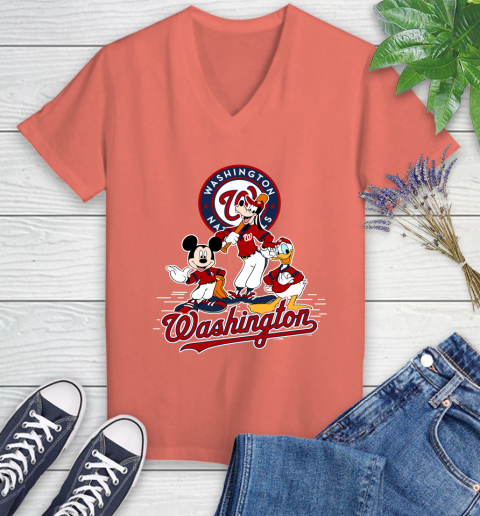 MLB Washington Nationals Mickey Mouse Donald Duck Goofy Baseball T Shirt Women's V-Neck T-Shirt 6