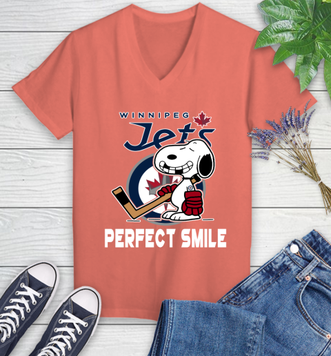 NHL Winnipeg Jets Snoopy Perfect Smile The Peanuts Movie Hockey T Shirt Women's V-Neck T-Shirt 6
