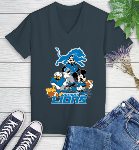 NFL Detroit Lions Mickey Mouse Donald Duck Goofy Football Shirt Women's V-Neck T-Shirt 8
