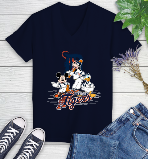 MLB Detroit Tigers Mickey Mouse Donald Duck Goofy Baseball T Shirt Women's V-Neck T-Shirt 2