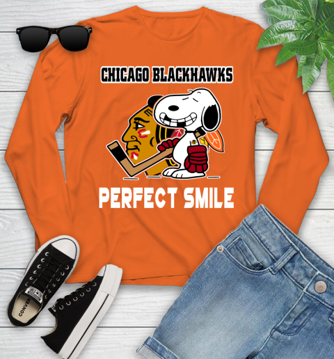 NHL Chicago Blackhawks Snoopy Perfect Smile The Peanuts Movie Hockey T Shirt Youth Long Sleeve 3