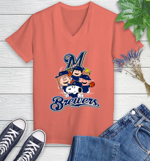 MLB Milwaukee Brewers Snoopy Charlie Brown Woodstock The Peanuts Movie Baseball T Shirt_000 Women's V-Neck T-Shirt 6