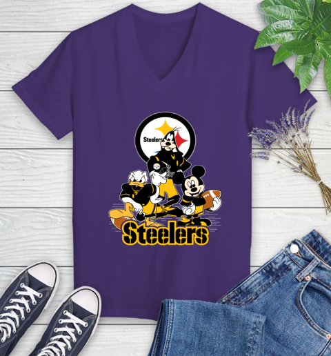 NFL Pittsburgh Steelers Mickey Mouse Donald Duck Goofy Football Shirt Women's V-Neck T-Shirt 3