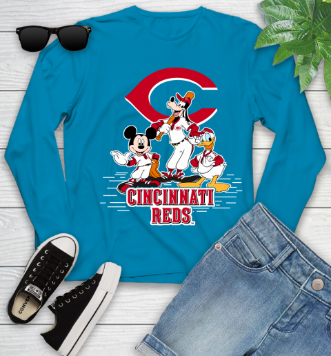 MLB Cincinnati Reds Mickey Mouse Donald Duck Goofy Baseball T Shirt Youth Long Sleeve 8