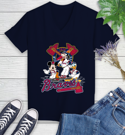MLB Atlanta Braves Mickey Mouse Donald Duck Goofy Baseball T Shirt Women's V-Neck T-Shirt 2