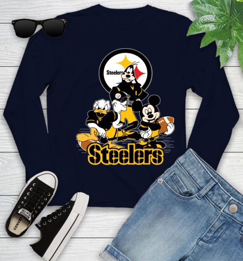 NFL Pittsburgh Steelers Mickey Mouse Donald Duck Goofy Football Shirt Youth  Long Sleeve