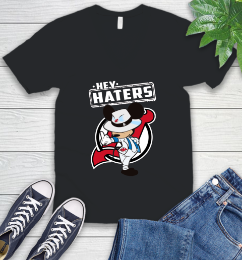 NHL Hey Haters Mickey Hockey Sports New Jersey Devils V-Neck T-Shirt