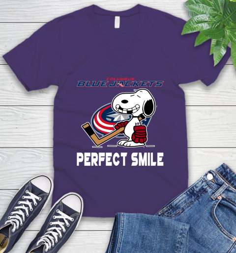NHL Columbus Blue Jackets Snoopy Perfect Smile The Peanuts Movie Hockey T Shirt V-Neck T-Shirt 9