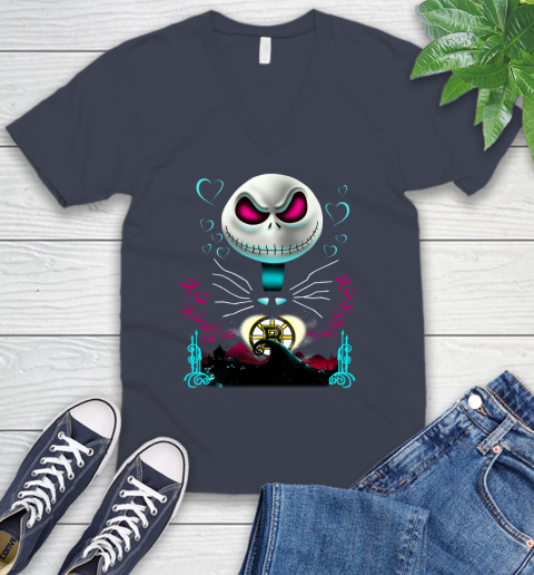 NHL Boston Bruins Jack Skellington Sally The Nightmare Before Christmas Hockey V-Neck T-Shirt 8