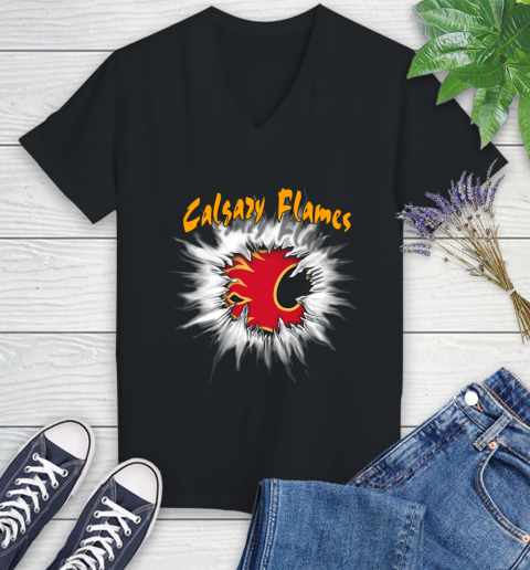 Calgary Flames NHL Hockey Adoring Fan Rip Sports Women's V-Neck T-Shirt