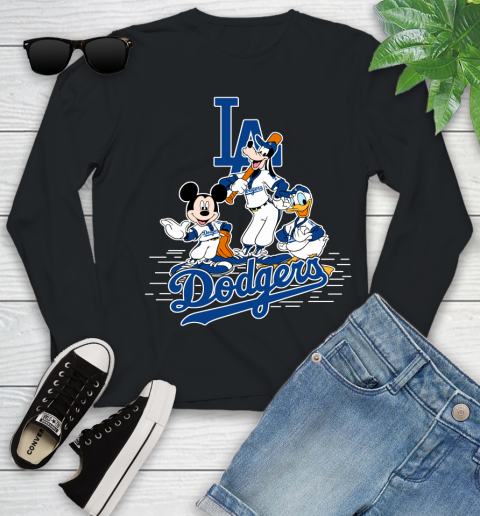 MLB Los Angeles Dodgers Mickey Mouse Donald Duck Goofy Baseball T Shirt Youth Long Sleeve
