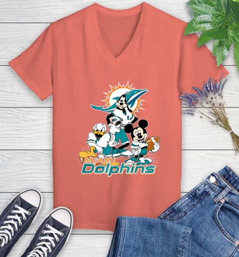 NFL Miami Dolphins Mickey Mouse Donald Duck Goofy Football Shirt Women's V-Neck T-Shirt 6