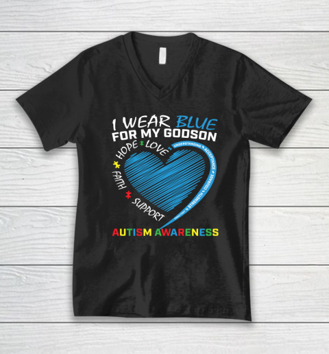 I Wear Blue For My Godson Autism Awareness Puzzle Heart V-Neck T-Shirt