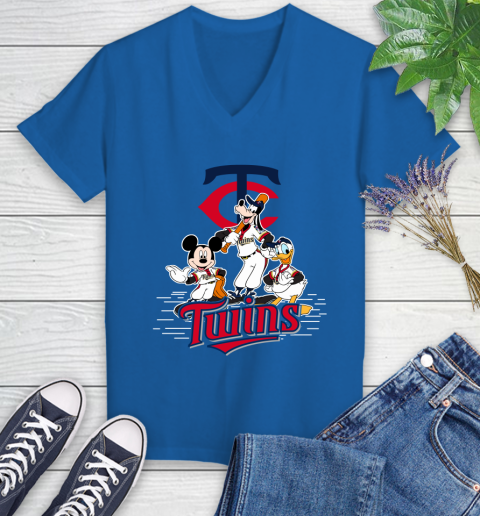 MLB Minnesota Twins Mickey Mouse Donald Duck Goofy Baseball T Shirt Women's V-Neck T-Shirt 10