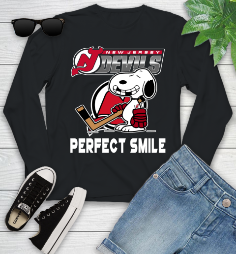 NHL New Jersey Devils Snoopy Perfect Smile The Peanuts Movie Hockey T Shirt Youth Long Sleeve