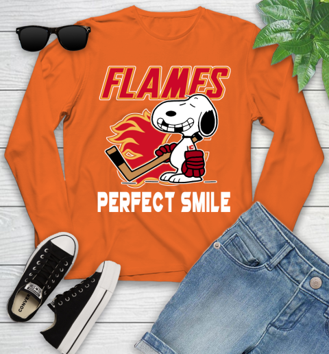 NHL Calgary Flames Snoopy Perfect Smile The Peanuts Movie Hockey T Shirt Youth Long Sleeve 3