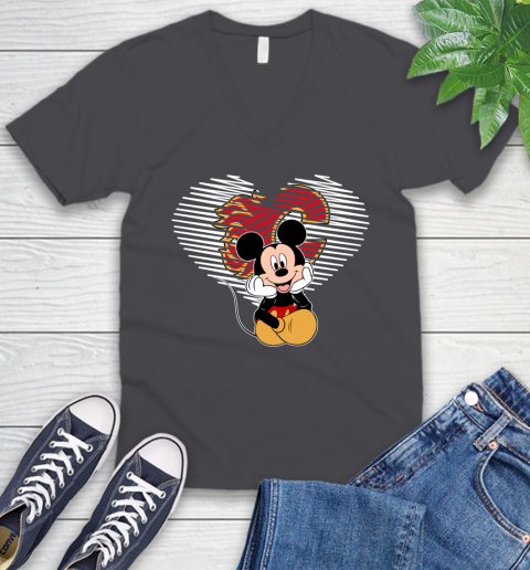 NHL Calgary Flames The Heart Mickey Mouse Disney Hockey V-Neck T-Shirt 4