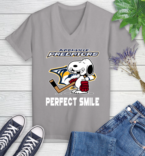 NHL Nashville Predators Snoopy Perfect Smile The Peanuts Movie Hockey T Shirt Women's V-Neck T-Shirt 4