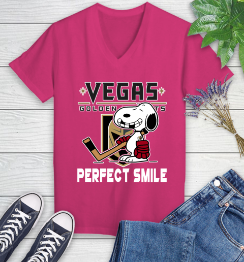 NHL Vegas Golden Knights Snoopy Perfect Smile The Peanuts Movie Hockey T Shirt Women's V-Neck T-Shirt 9