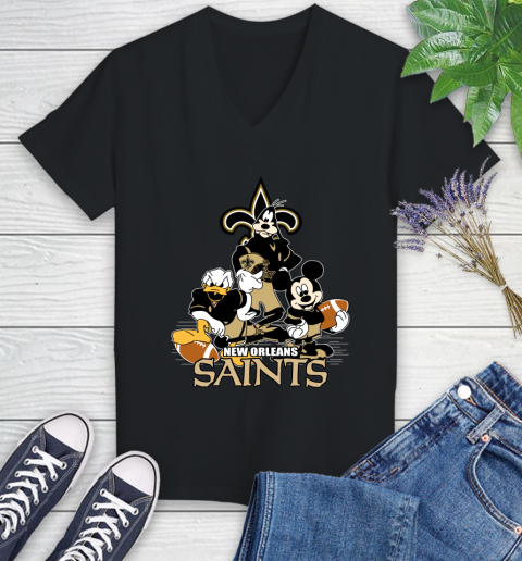 NFL New Orleans Saints Mickey Mouse Donald Duck Goofy Football Shirt Women's V-Neck T-Shirt