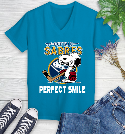 NHL Buffalo Sabres Snoopy Perfect Smile The Peanuts Movie Hockey T Shirt Women's V-Neck T-Shirt 7