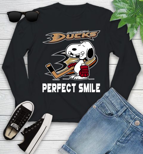 NHL Anaheim Ducks Snoopy Perfect Smile The Peanuts Movie Hockey T Shirt Youth Long Sleeve