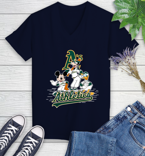 MLB Oakland Athletics Mickey Mouse Donald Duck Goofy Baseball T Shirt Women's V-Neck T-Shirt 2