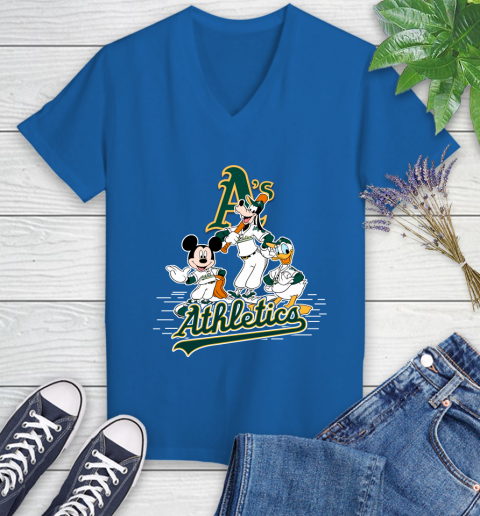 MLB Oakland Athletics Mickey Mouse Donald Duck Goofy Baseball T Shirt Women's V-Neck T-Shirt 10