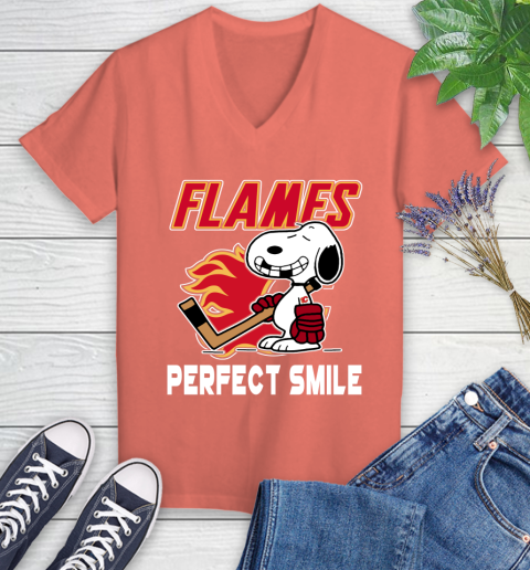 NHL Calgary Flames Snoopy Perfect Smile The Peanuts Movie Hockey T Shirt Women's V-Neck T-Shirt 6