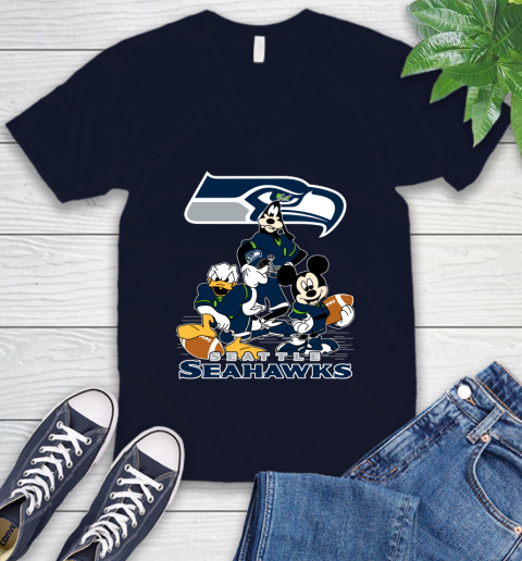 NFL Seattle Seahawks Mickey Mouse Donald Duck Goofy Football Shirt V-Neck T-Shirt 2