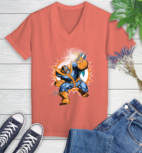 Miami Dolphins NFL Football Thanos Avengers Infinity War Marvel Women's V-Neck T-Shirt 6