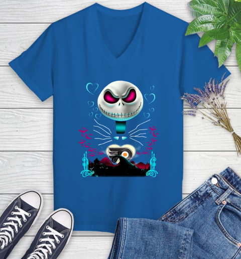NHL Philadelphia Flyers Jack Skellington Sally The Nightmare Before Christmas Hockey Women's V-Neck T-Shirt 10