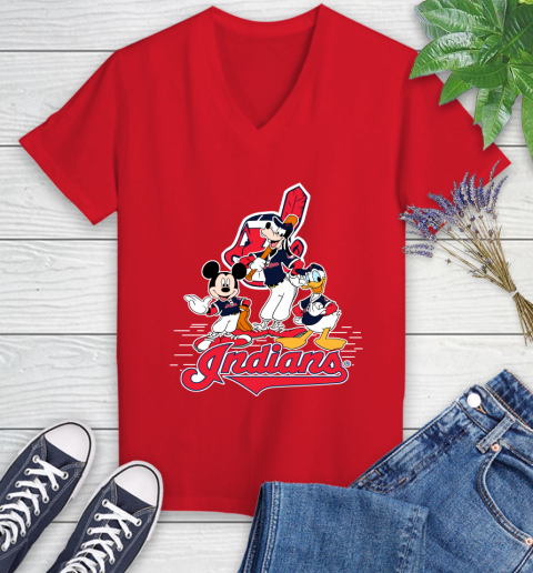 MLB Cleveland Indians Mickey Mouse Donald Duck Goofy Baseball T Shirt  Women's V-Neck T-Shirt