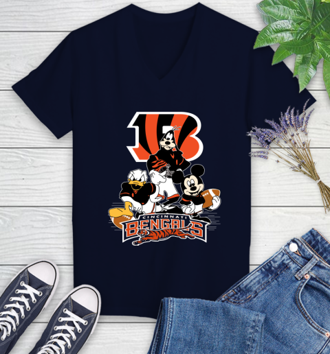 NFL Cincinnati Bengals Mickey Mouse Donald Duck Goofy Football Shirt Women's V-Neck T-Shirt 2
