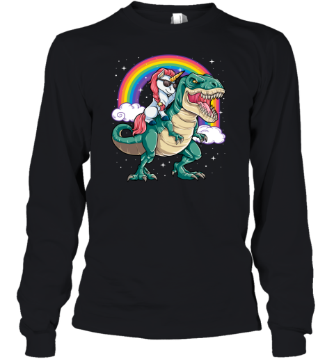 Unicorn Riding Dinosaur T rex Funny Men Women Rainbow Gifts Youth Long Sleeve T-Shirt