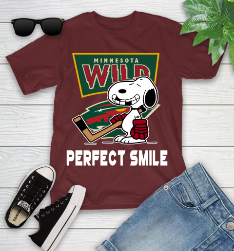 NHL Minnesota Wild Snoopy Perfect Smile The Peanuts Movie Hockey T Shirt Youth T-Shirt 14