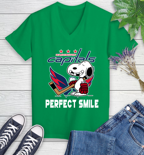 NHL Washington Capitals Snoopy Perfect Smile The Peanuts Movie Hockey T Shirt Women's V-Neck T-Shirt 5