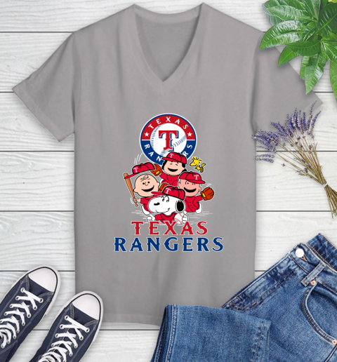 MLB Texas Rangers Snoopy Charlie Brown Woodstock The Peanuts Movie Baseball T Shirt Women's V-Neck T-Shirt 4