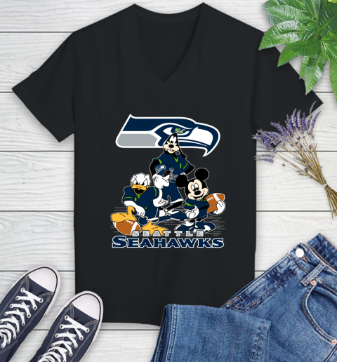NFL Seattle Seahawks Mickey Mouse Donald Duck Goofy Football Shirt Women's V-Neck T-Shirt